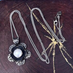 Sterling Silver Flower Necklace Long CHain Faux Pearl 90s Jewelry